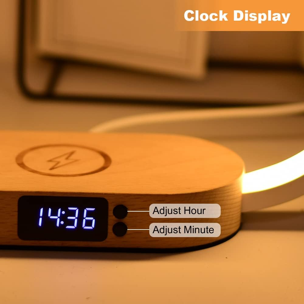 Donewin Bedside Lamp With Wireless Charger,Wooden Table Lamp With Charging Station,Touch Nightstand Lamp With Clock,3 Color Stepless Dimming Touch Lamp For Bedroom,Unique Gifts For Women