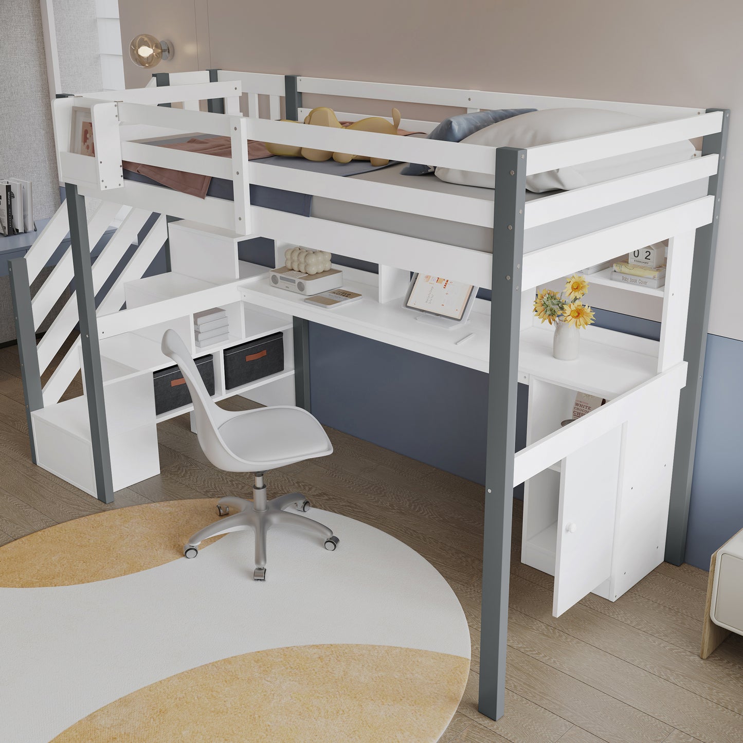 Half-high Bed, With Fabric Storage Box, Ample Storage Space, With Side Ladder, Open Shelf, Youth Bed With Desk And Lockers, Pine MDF, White Grey, 90x200cm
