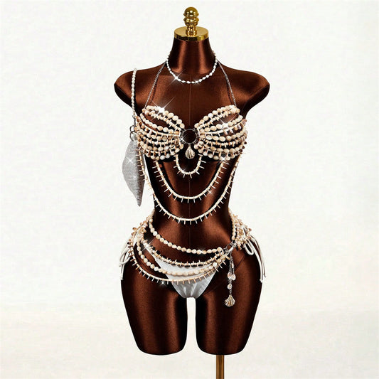 Beaded Bra Vest Halter-Neck Sexy Corset Body Chain 2-Piece Set