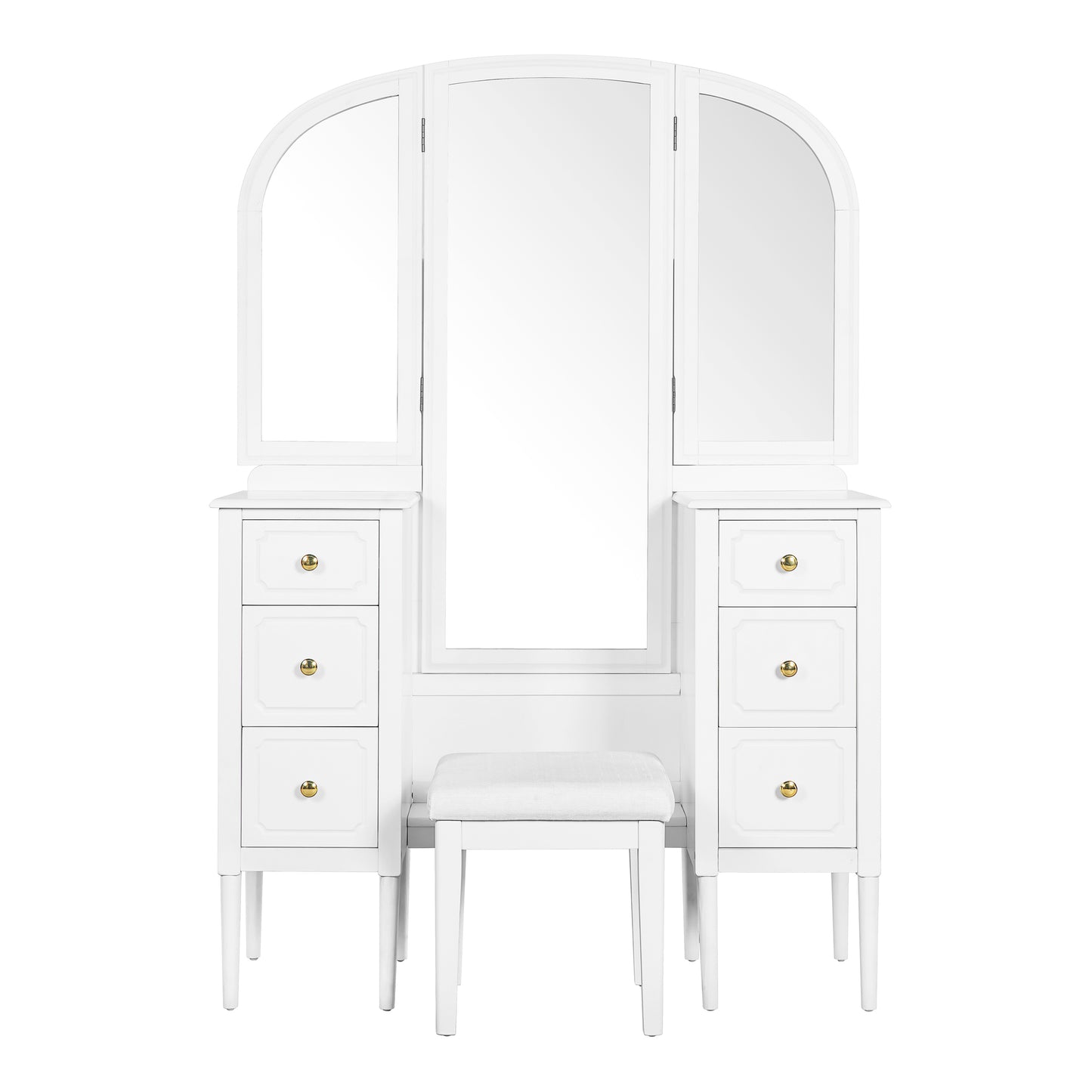 Antique Makeup Vanity Desk With Triple Mirror, 6-Drawer Dressing Table Set Including Stool, Full Length Mirror For Bedroom Dressing Room, White