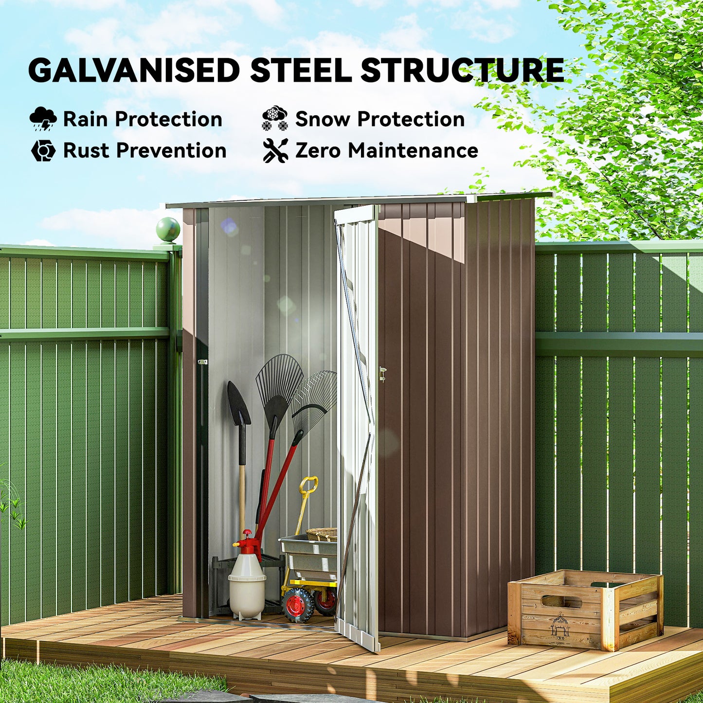 5ft X 3ft Garden Storage Shed, Outdoor Metal Shed With Sloped Roof, Lockable Door For Tools, Equipment, Brown