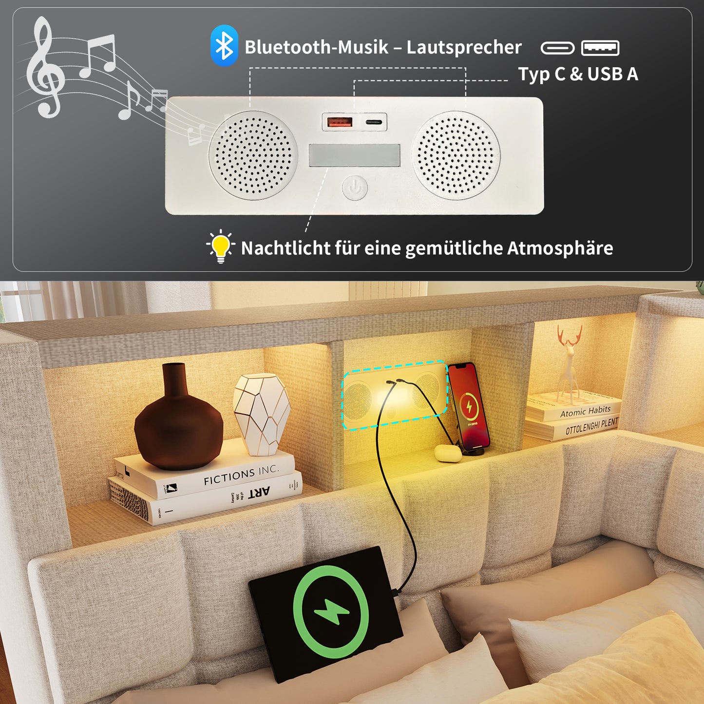 Linen Upholstered Bed 90x200 With Pull-out Bed 90x190, LED, Bluetooth Speaker, USB & Type-C Charging Port, L-headboard With Storage Shelf, Sofa Bed Guest Bed, Beige, Without Mattress