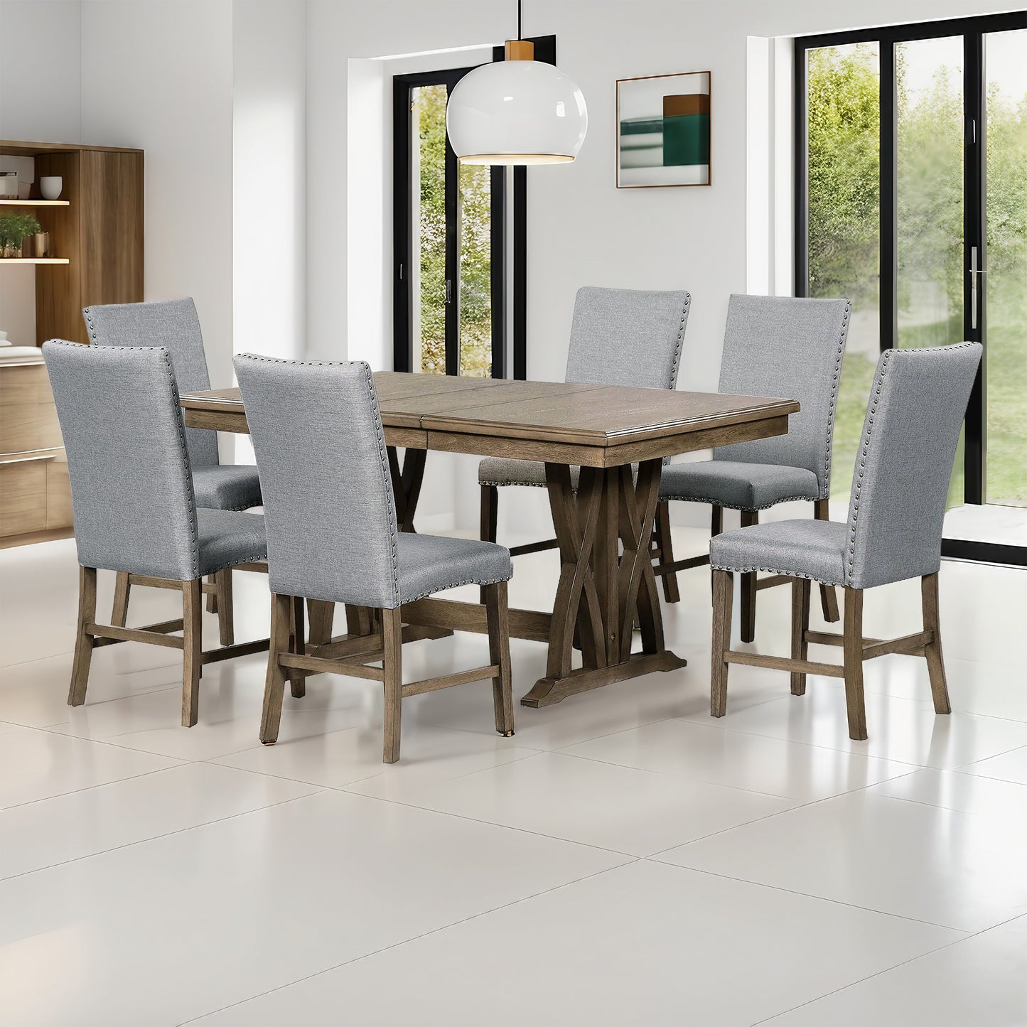 TOPMAx Mid- Century Solid Wood 7- Piece Dining Table Set Extendable Kitchen Table Set With Upholstered Chairs And 12  Leaf For 6  Golden Brown Gray Cushion