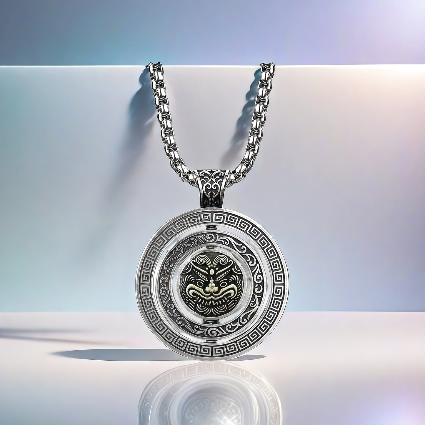 Vintage Rotatable Lion Spinner Necklace, Copper Silver Plated Traditional Oriental Amulet Pendant Gift For Men