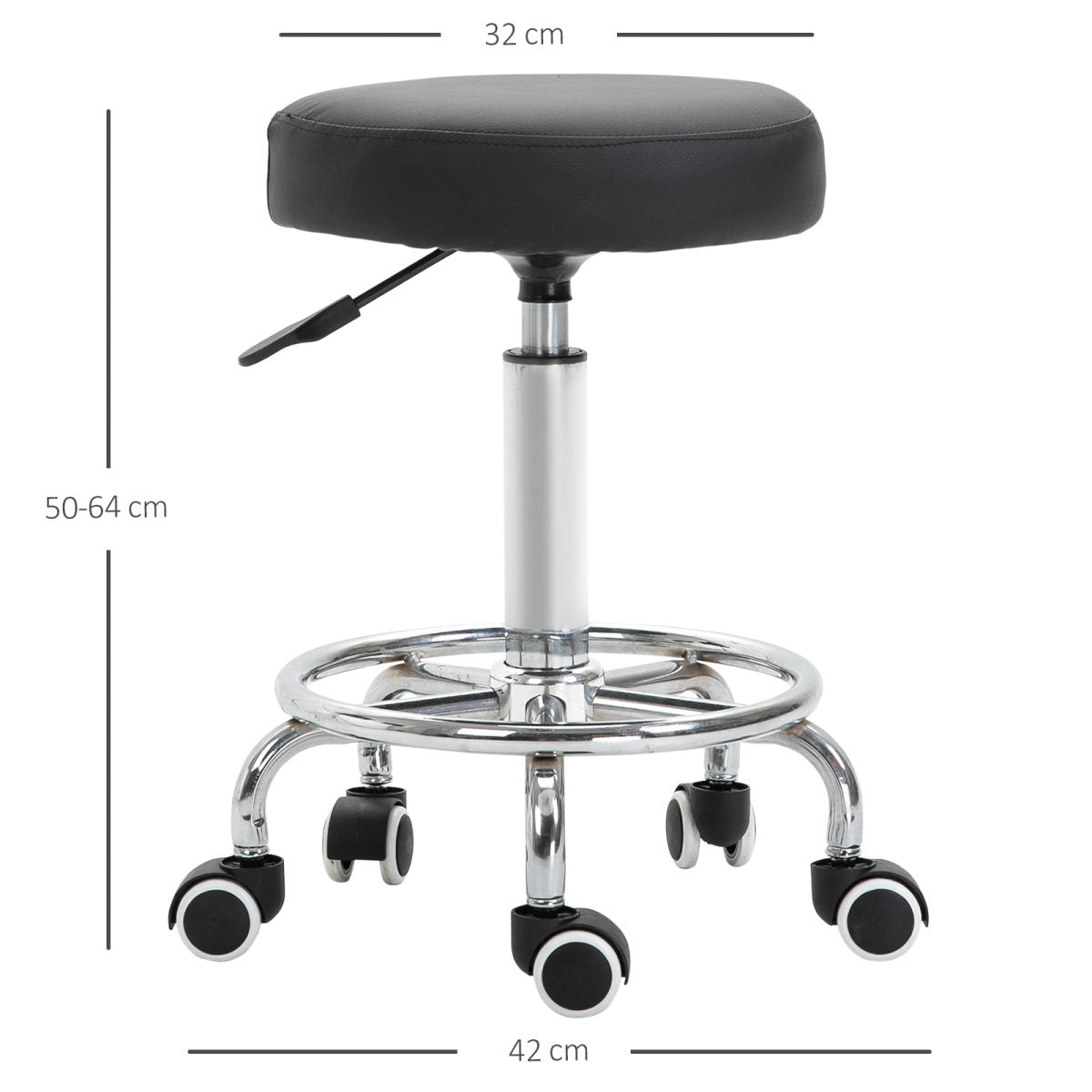 Vinsetto Round Rolling Stool, PU Leather Height Adjustable Stool Chair With Wheels And Swivel Seat For Salon, Massage, Spa, Home Kitchen, Black