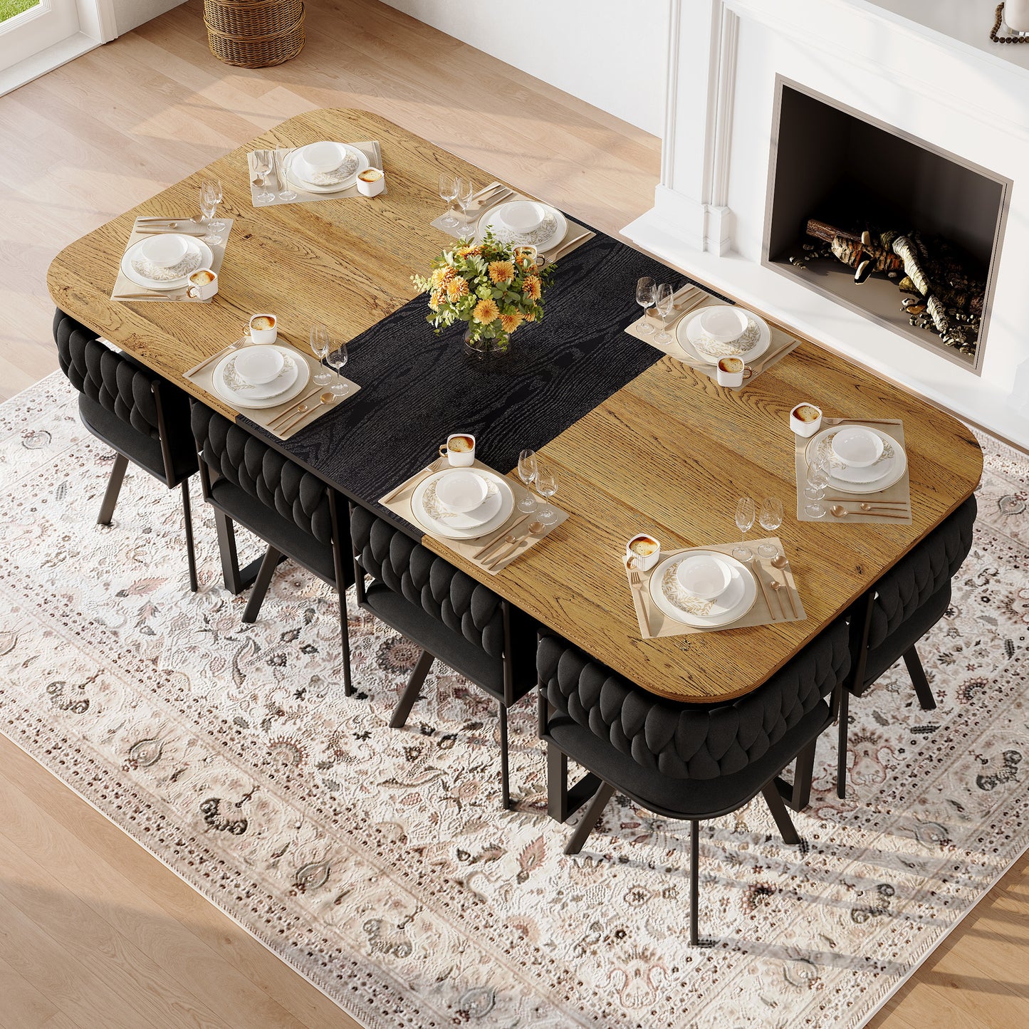 9-Piece Square Dining Table Set, Fixed Two-Tone Wood Grain & Black Wood Grain Triamine Tabletop With 8 Black Velvet Chairs, Modern Kitchen Table Set For 8 People, Ideal For Family Gatherings