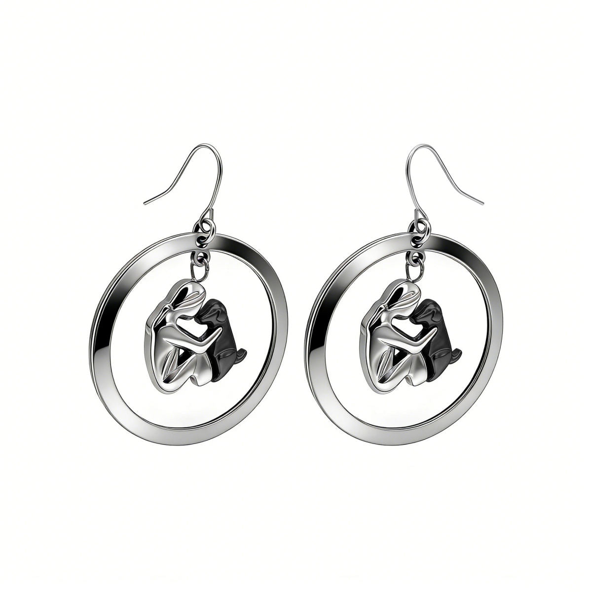 Stainless Steel Girl Hugging A Pet Dog Earrings