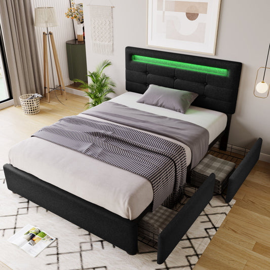 Bed Frame With LED Lighting And 2 Drawers, Single Bed Upholstered Bed 90x200cm, Height-adjustable Headboard, Wooden Slatted Base, Black  Without Mattress