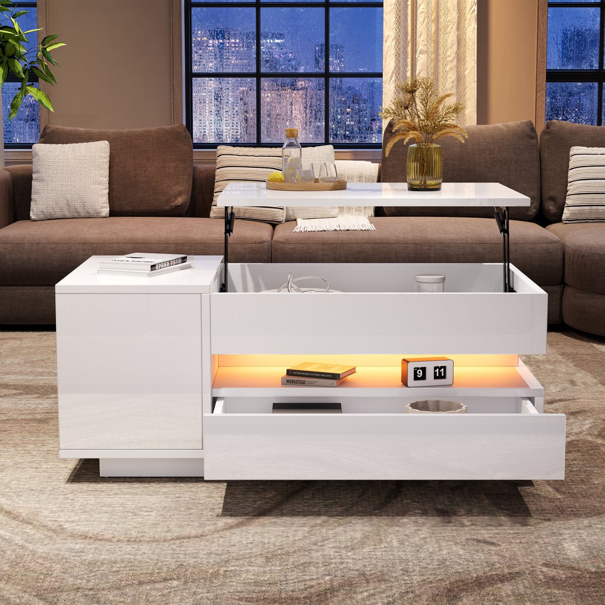 95X50X34.5cm Liftable Coffee Table, Living Room Table, Side Table, Coffee Table With 1 Drawer, 1 Cabinet, Sofa Table With LED, High Gloss Tea Table With Hidden Storage, Semi-Open Storage, White