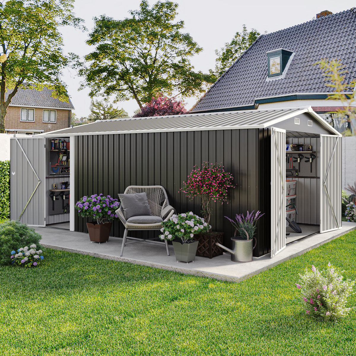 Campcraft  Outdoor Storage Shed 10x14 FT With 3 Lockable Doors,4 Air Vents & Sloped Roof,Utility Tool Shed Metal Storage Garden Sheds  Frame And 4 Vents,for Backyard,Patio,Lawn,dark Grey