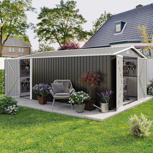 Campcraft  Outdoor Storage Shed 10x14 FT With 3 Lockable Doors,4 Air Vents & Sloped Roof,Utility Tool Shed Metal Storage Garden Sheds  Frame And 4 Vents,for Backyard,Patio,Lawn,dark Grey