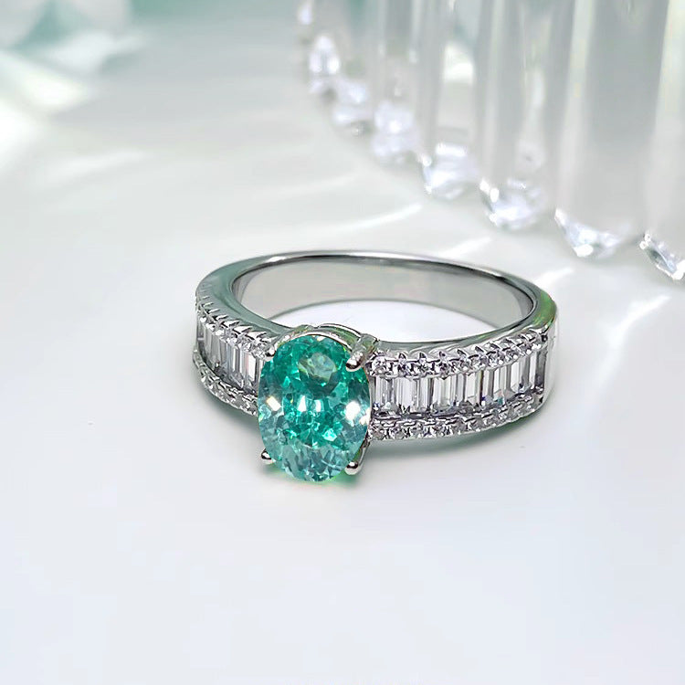 Fashion Light Luxury Oval Ice Flower Cut Paraiba Tourmaline Ring For Women, Inlaid High Carbon Diamond, Simple Elegant Daily Versatile Finger Jewelry