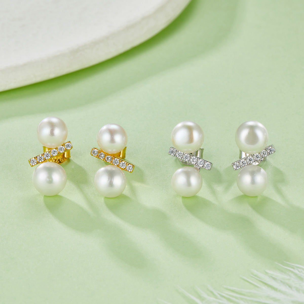 S925 Sterling Silver Natural Freshwater Pearl Stud Earrings For Women, Geometric Bar Design, 1g Lightweight, Platinum Gold Plated, Gift Box