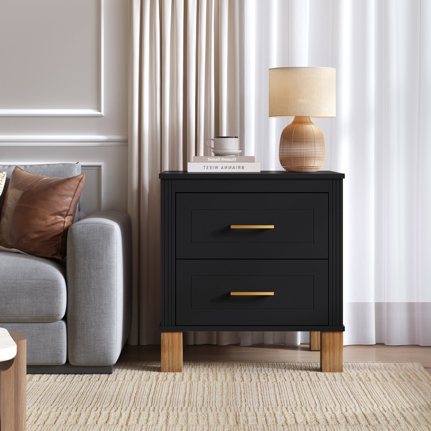 2 Drawer Nightstand, Premium Wood Storage With Elegant Fluted Design, Solid Wood Legs Nightstand With Metal Handle, Tall Bedside Table For Bedroom Living Room, Black