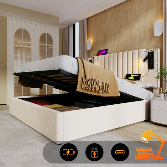 Upholstered Bed 180x200,double Bed Storage Storage Bed Drawer,reading Light With USB Charging Function Headboard,backrest With Rivet Design,bed With Slatted Base And Bed Box, Cotton, Beige