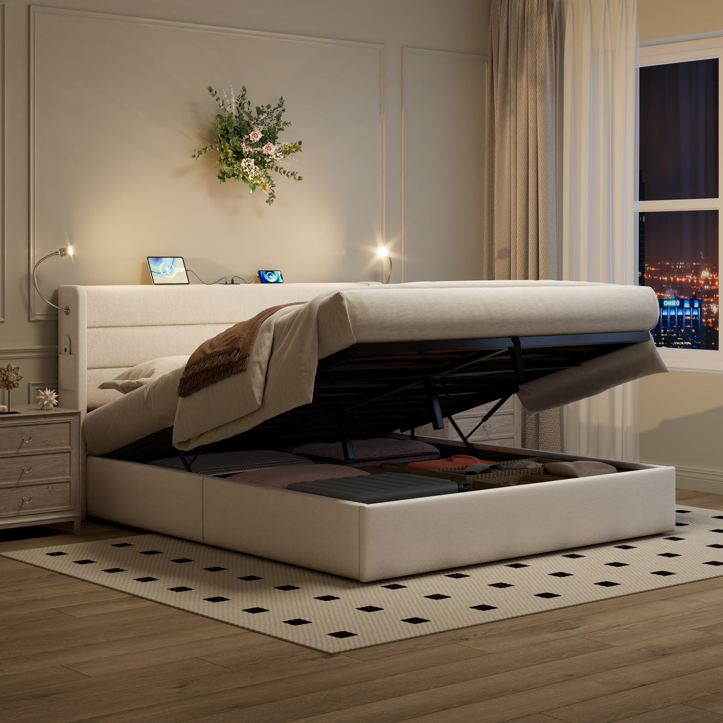 King Upholstered Bed With Charging Station, Linen Hydraulic Storage Bed With Adjustable LED Reading Light, 5ft Double Bed With USB And Type - C Ports, Beige No Mattress
