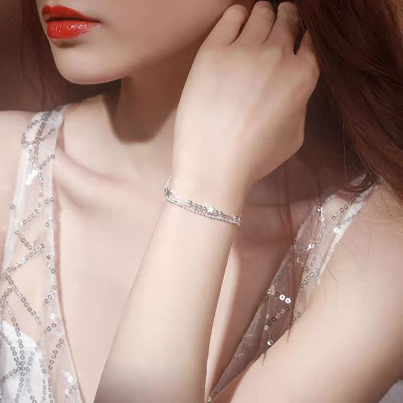 1pc 999 Sterling Silver Double-Layer Star & Crystal Bracelet, Delicate Luxurious Style, Perfect For Daily Wear And Valentine's Gift