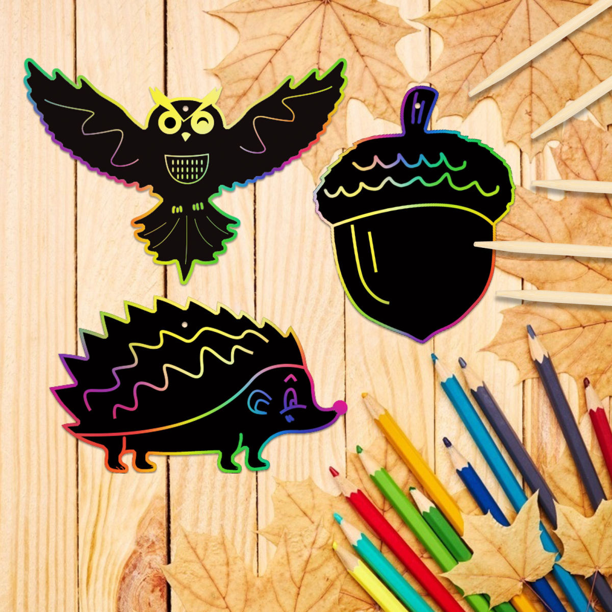 Autumn-themed Handmade Scratch Art—Creative Set With Natural Sticks And Autumn Motifs—Party Supplies Set