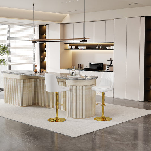 Height-adjustable Bar Stool In Set Of 2, 360  Swivel, Backrest With White PU Leather And Quilted Pattern, Legs Made Of Golden Metal. Suitable For Kitchen Islands And Bar Counters.
