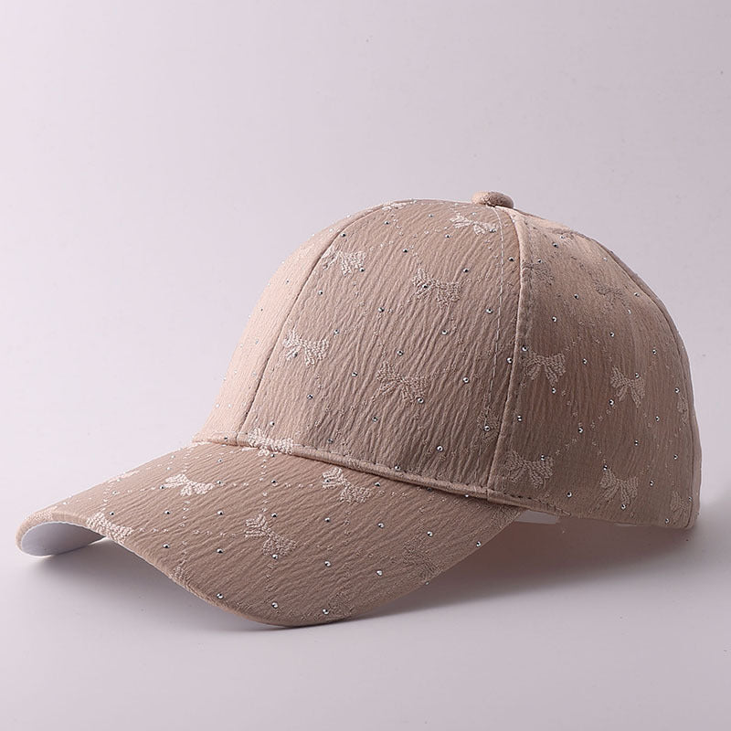 Korean-style Soft Style Bow Tie Rhinestone Baseball Cap With Textured Pleats And Breathable Brim Outdoor Versatile Hat For Outings With A Curved Brim