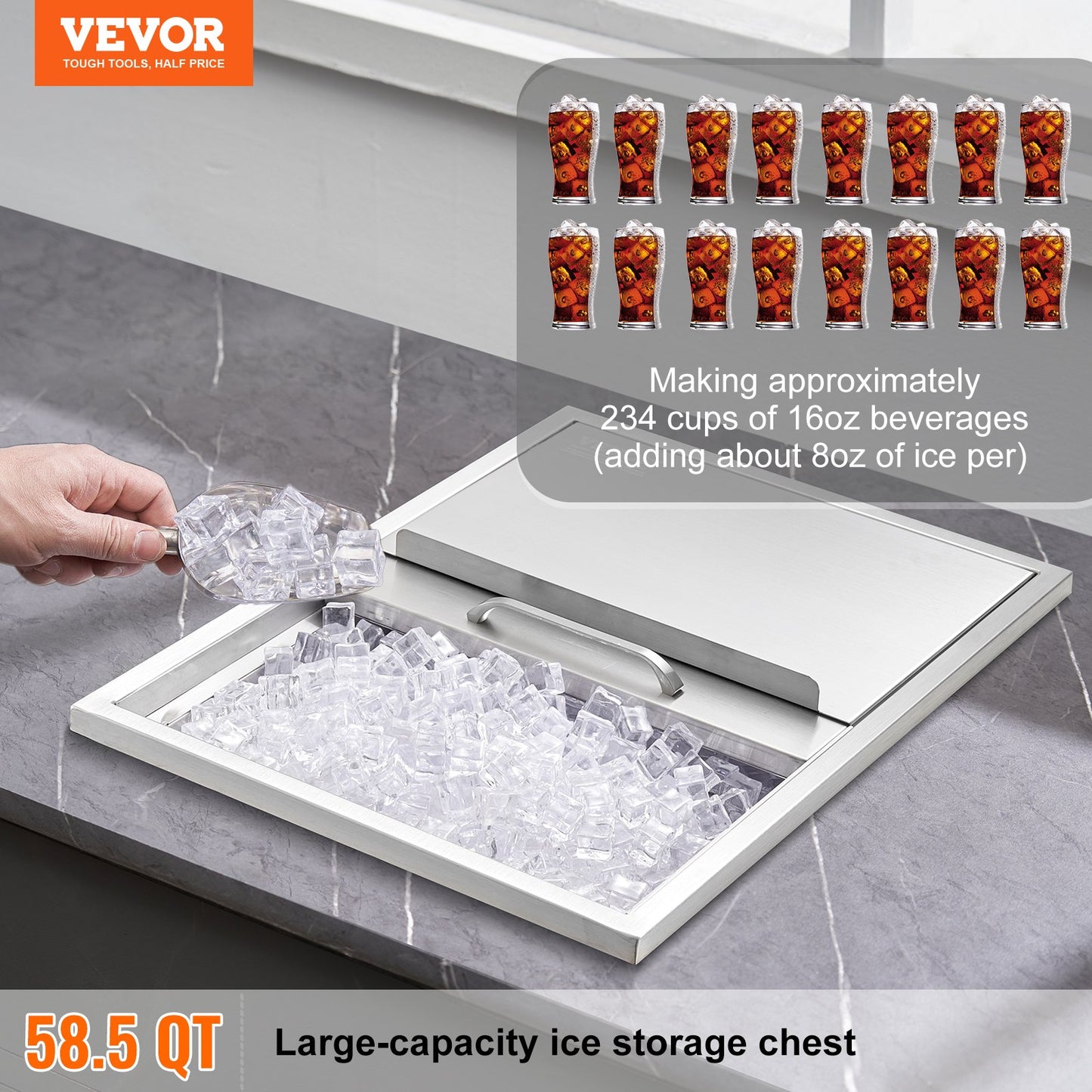 Drop In Ice Chest, 61 Cm L X 46 Cm W X 33 Cm H Stainless Steel Ice Cooler, Commercial Ice Bin With Sliding Cover, 38.7 L Outdoor Kitchen Ice Bar, Drain-pipe And Drain Plug Included, For Cold Wine Beer