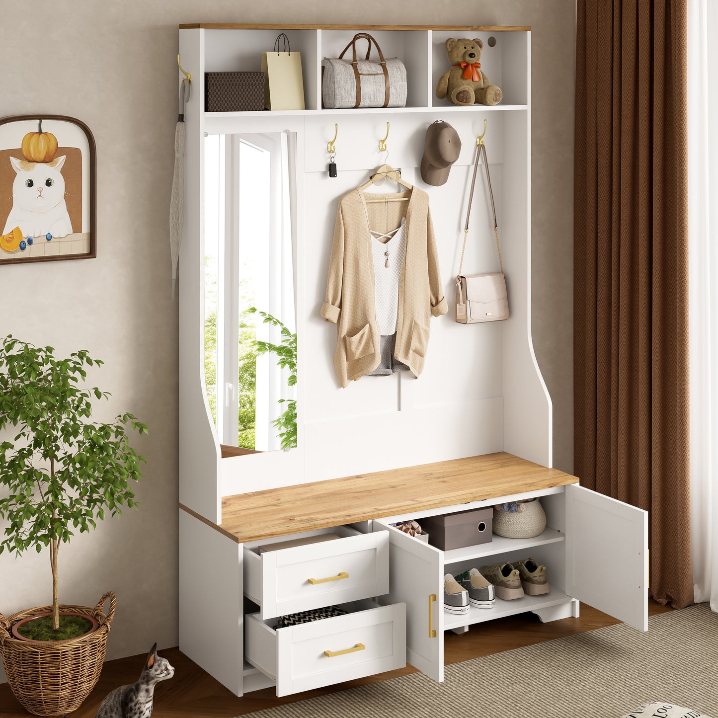 Multifunctional Hallway And Shoe Cabinet With LED Lighting, Mirror, Hooks And Drawers  Modern Wardrobe For Entrance Area & Hallway With Storage Space And Seating Area