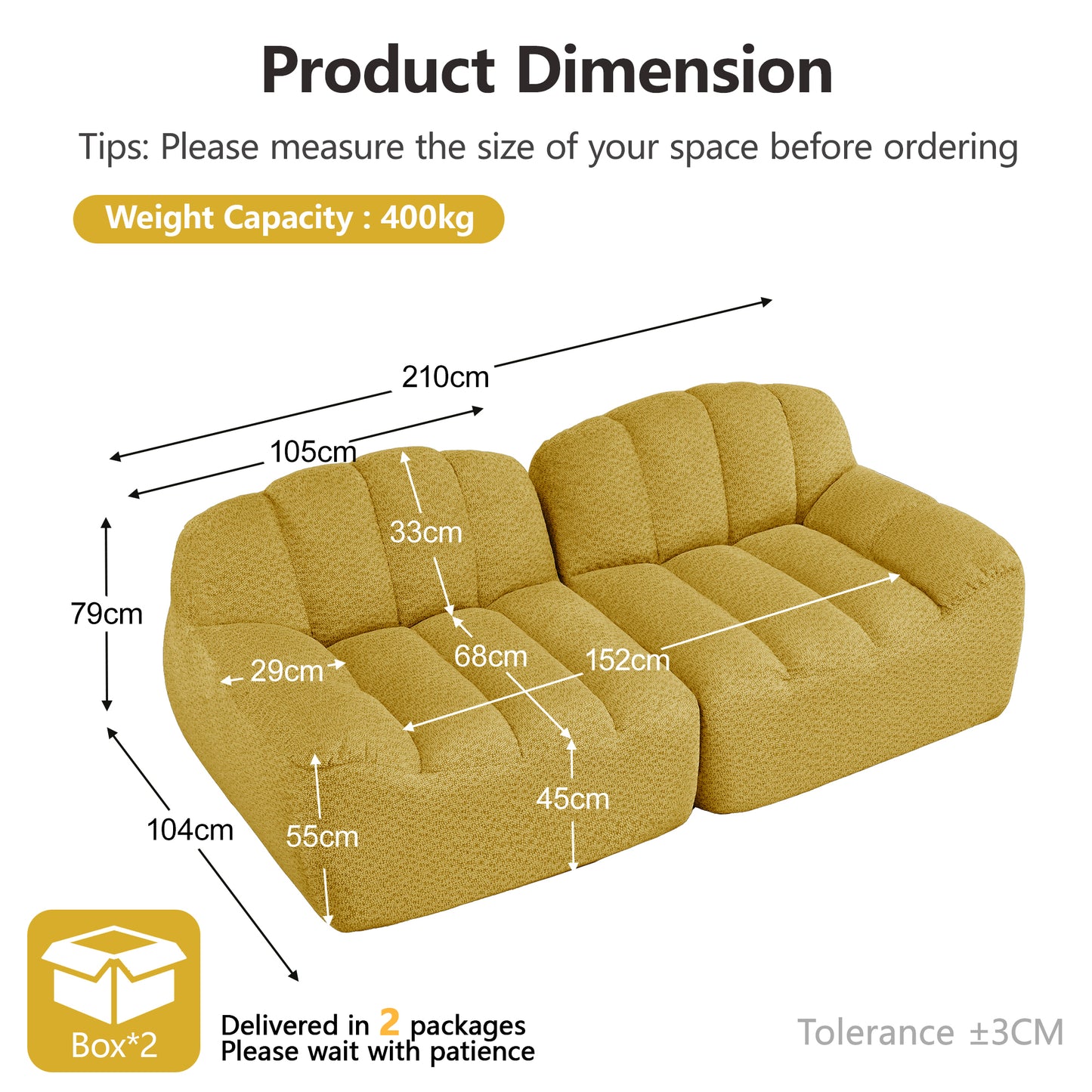 2 Seater Modular Boneless Sofa, Shell Shape, Deep Seat Cushions, Sofa For Living Room & Apartment, No Setup Required, Yellow