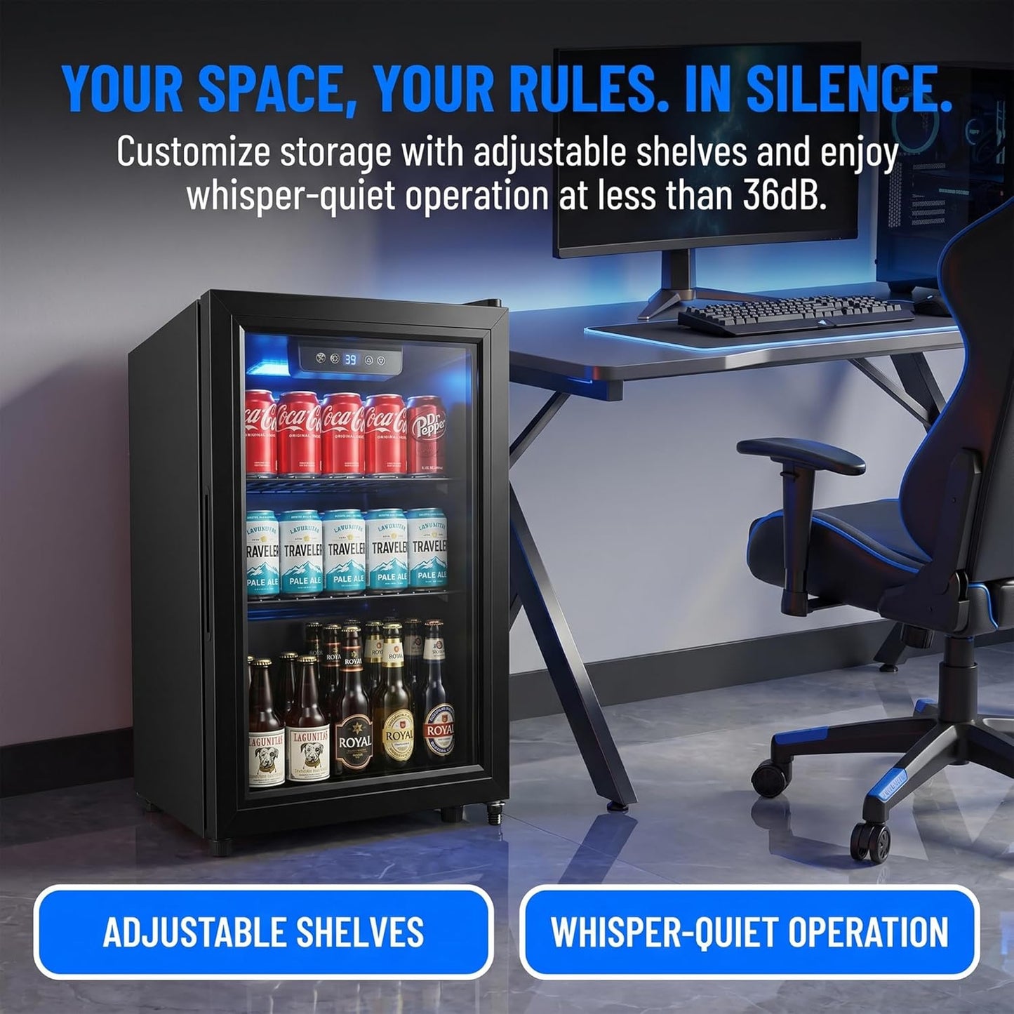 1.8 Cu Ft Beverage Refrigerator, 70 Can Mini Fridge With Glass Door, Digital Temperature Control, Adjustable Shelves, Quiet Cooler For Beer Soda Wine, Office Dorm