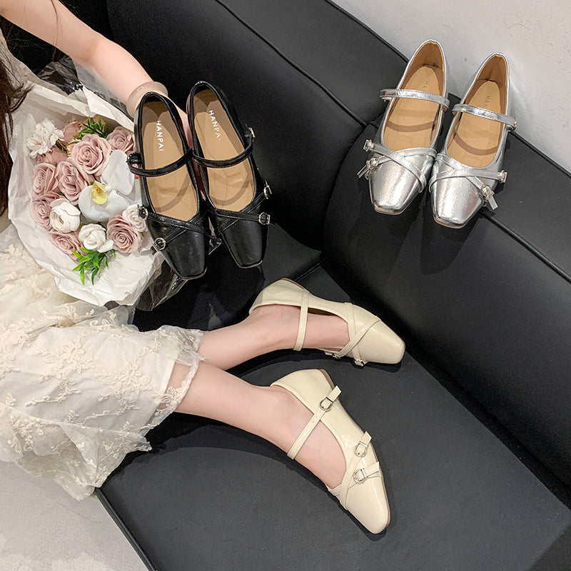 2026 Spring Summer New Women's French Square Toe Mary Jane Flats With Hidden Heel, Elegant Silver Single Shoes With Single Strap Buckle