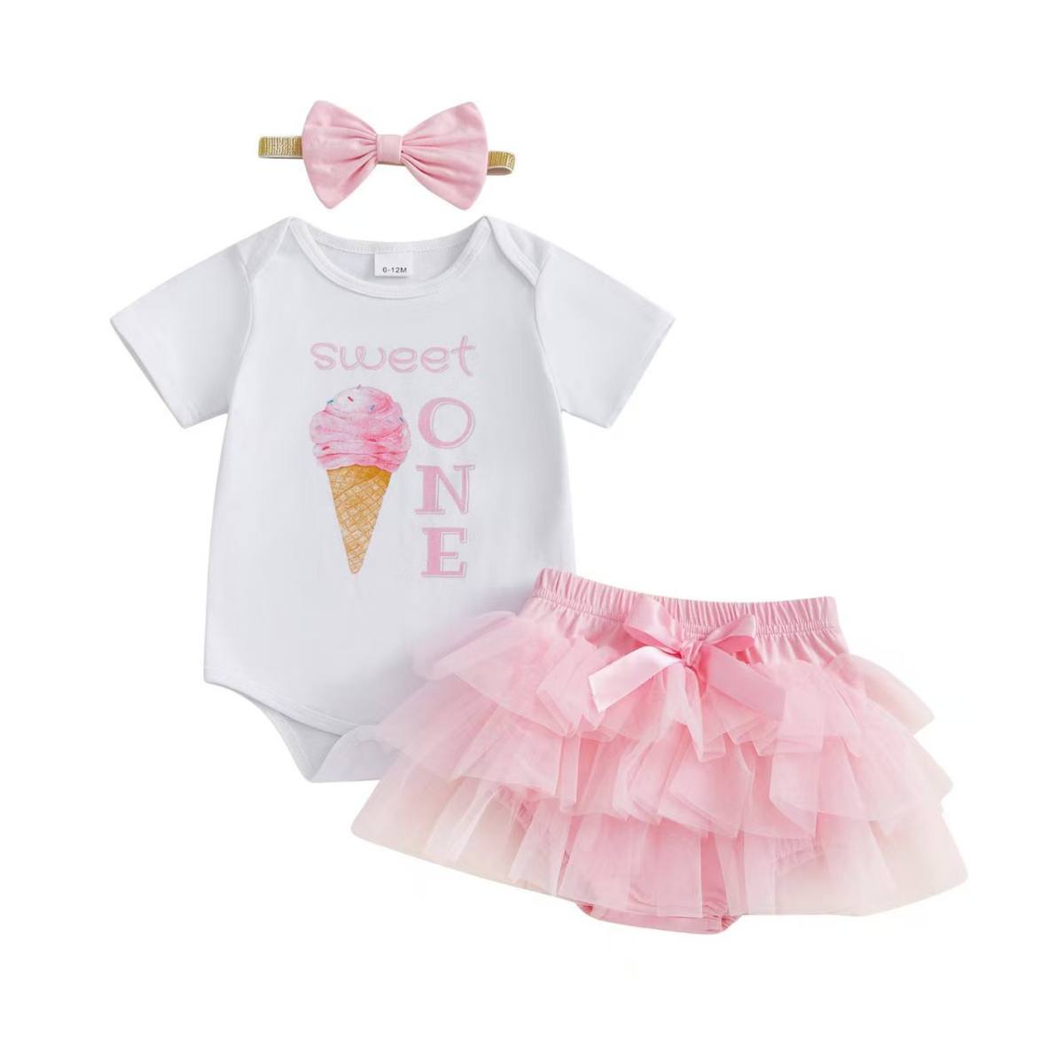 Short-sleeve Romper Mesh Skirt Hair Accessory 3-piece Set