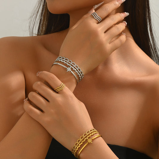 Women Star Shape Open Cuff Bracelet & Stackable Ring Set European Geometric Multi-layer Adjustable Hand Accessories Trendy Jewelry