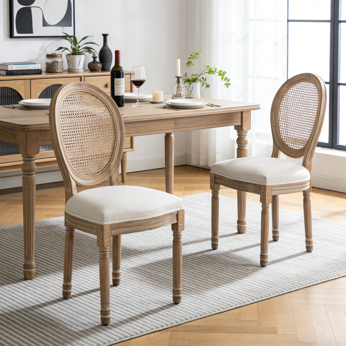 Farmhouse Solid Wood Frame Dining Chairs with Cushioned Linen Seat & Woven Rattan Backrest for Kitchen, Dining Room, Living Room, Beige, Set of 2