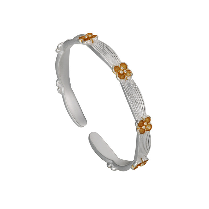 1pcs 925 Sterling Silver Two-Tone Plum Blossom Striped Open Cuff Bangle, Gentle Oriental Style, For Daily Wear & Women Holiday Gifts