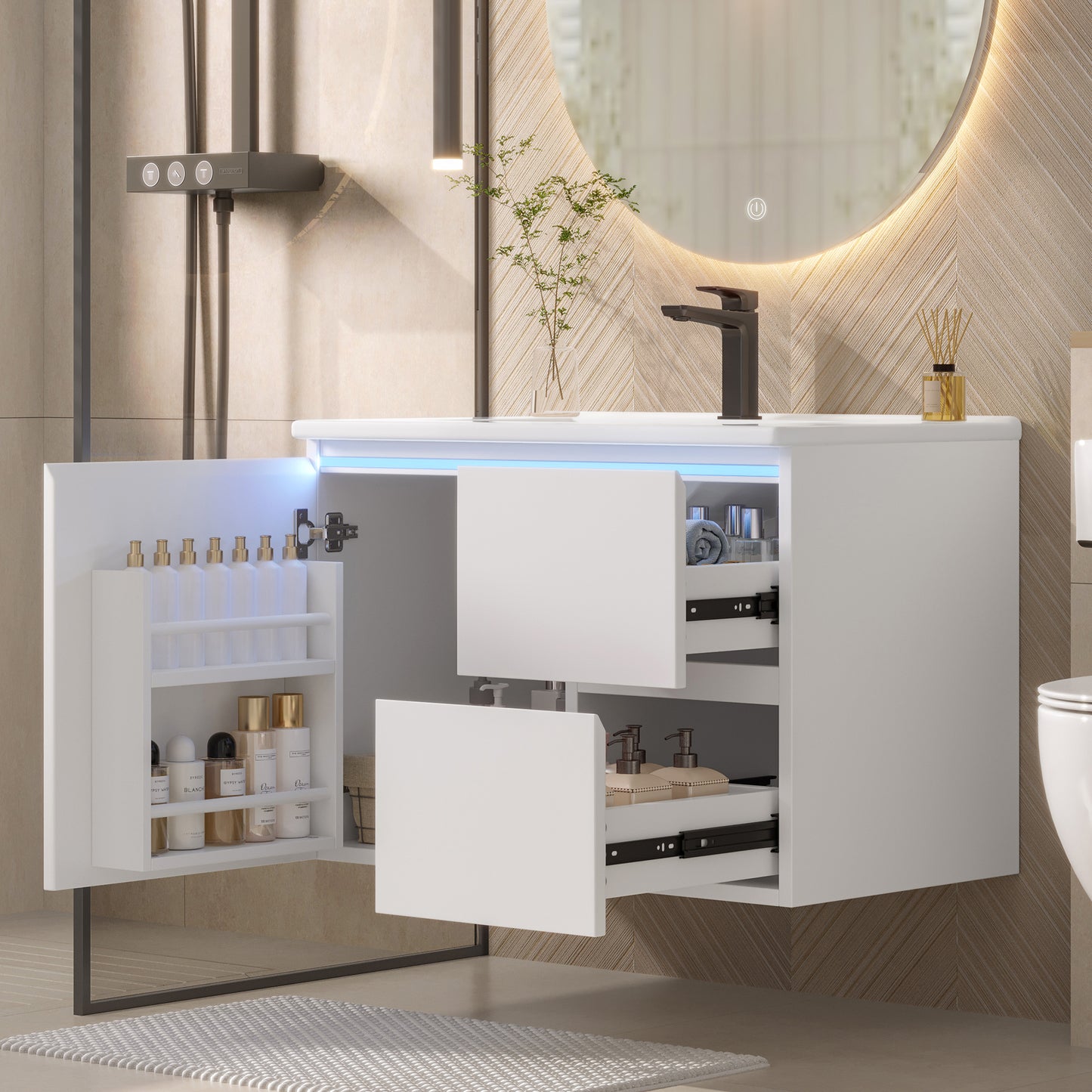 76x46x50cm Wall-hung Bathroom Cabinet, Full Lacquer, LED Radar Sensor Lighting, Washbasin, Two Drawers, Quiet Sliding Rails, Left And Right Shelf, Integrated Washbasin, White