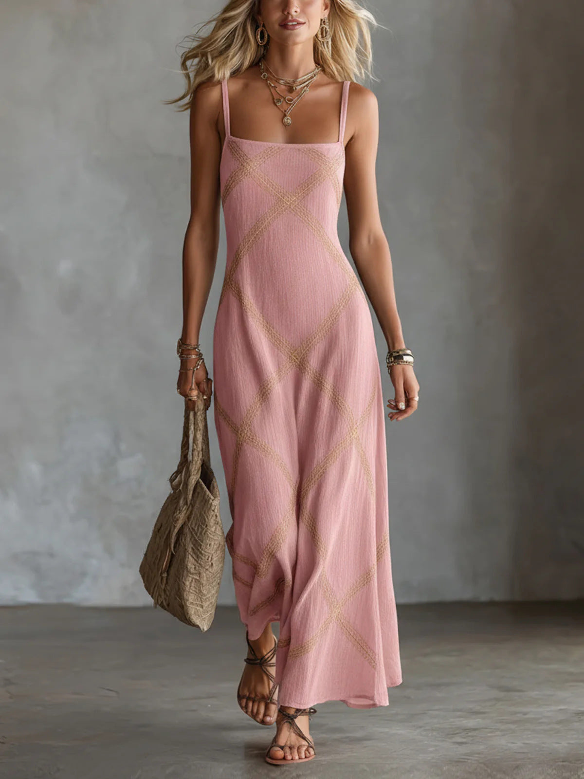 New Arrival Printe  Striped And Solid-color Strap Dress