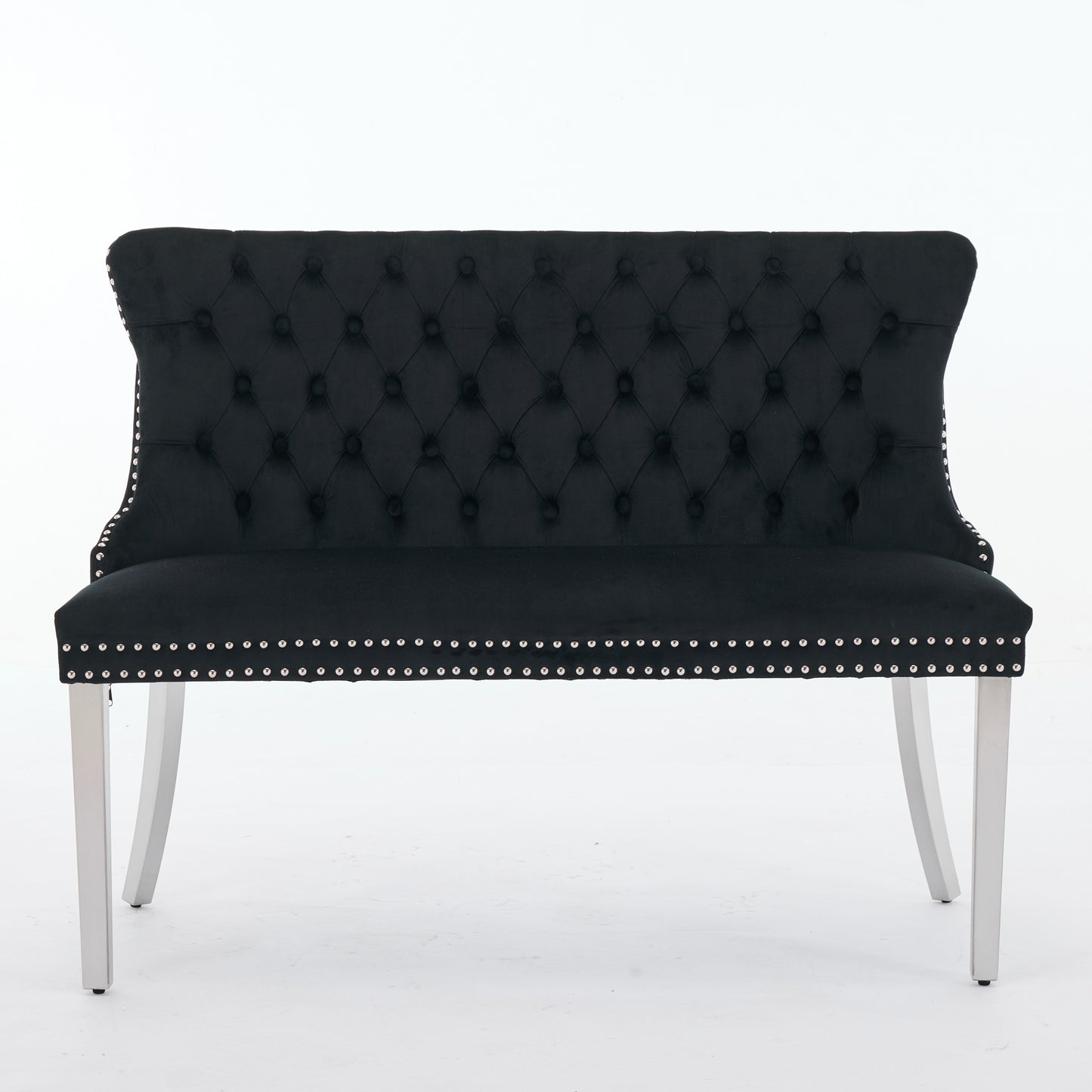 Velvet Double Dining Loveseat Bench, Kitchen & Dining Seating, 2-Seat Tufted Bench W Handmade Buttons, Wing Back, Brushed Silver Stainless Steel Legs, Mid Century Modern,Single Pack,Black,DE1702BK