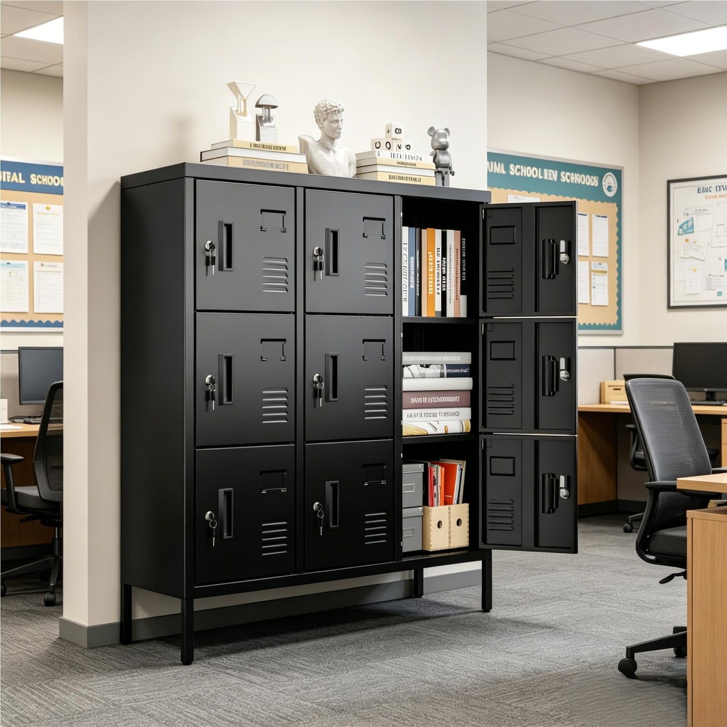 SUPEER Metal Lockers For Employees With 9 Doors,Lockable Metal Locker With Keys And Card Slot,Office Storage Locker For School Gym Home,15.79inch D X 35.51inch W X 37.8inch H,Black,Assembly Required