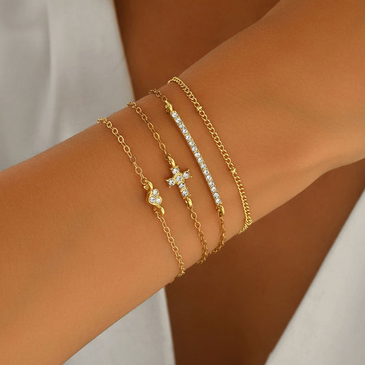New Cross-border European American Jewelry Set, Geometric Cross Pattern Cubic Zirconia Inlaid Versatile Bracelet Hand Accessories