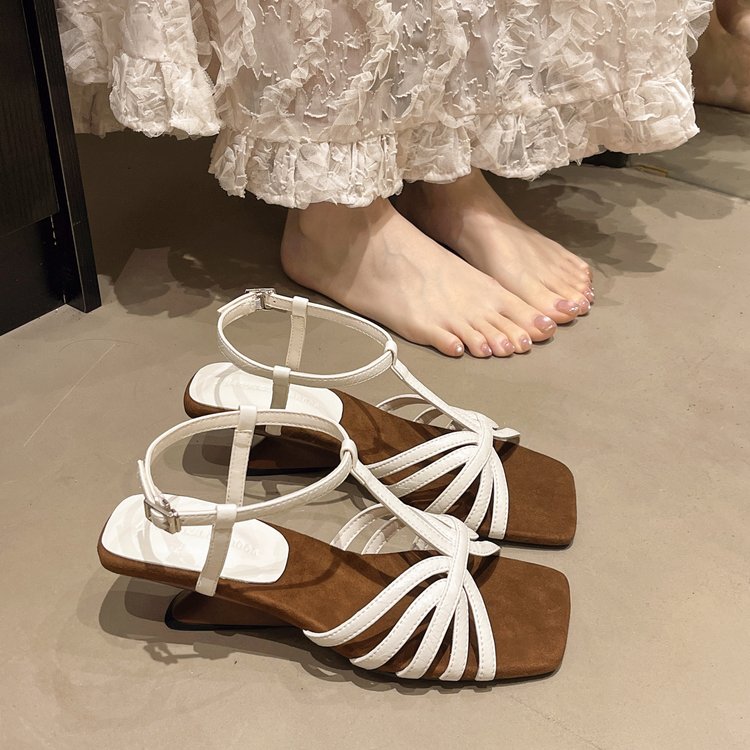 French Style Exquisite Small Sandals For Women's Summer Outdoor Wear. Square Toe, Comfortable, Thick Heel, Not Tiring. Roman High-heeled Sandals