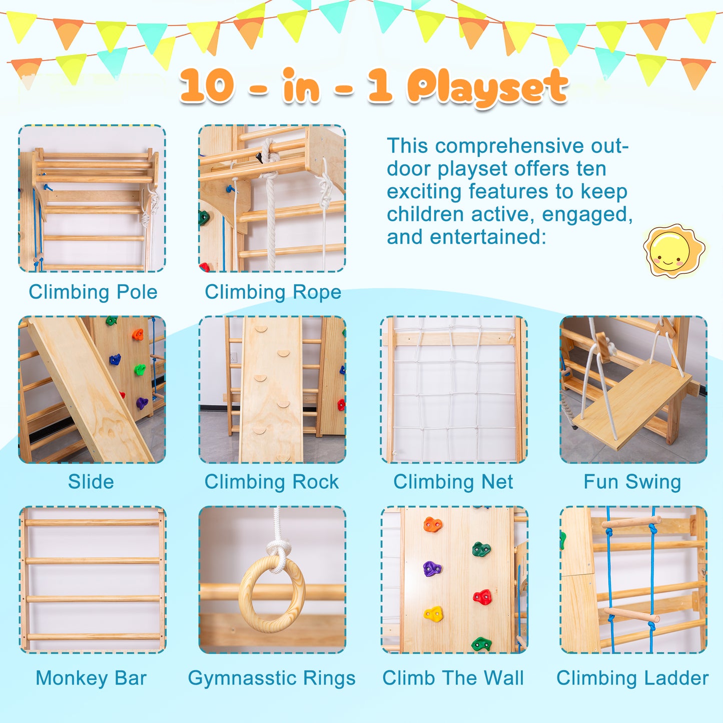 All-in-One 10-in-1 Indoor Climbing Set - Featuring A Rock Climbing Wall, Wooden Swings, Gymnastic Rings, Rope Ladders, And Stretching Equipment For A Home Fitness Playground