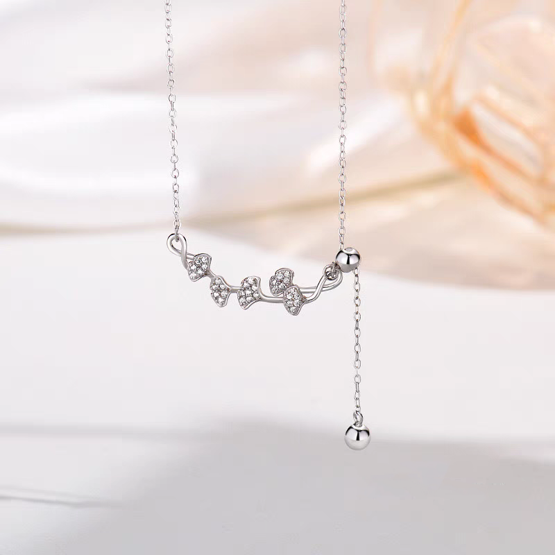 1pc 999 Sterling Silver Diamond-Encrusted Ginkgo Leaf Adjustable Tassel Necklace, Delicate Luxurious Style, Perfect For Daily Wear & Valentine's Gifts