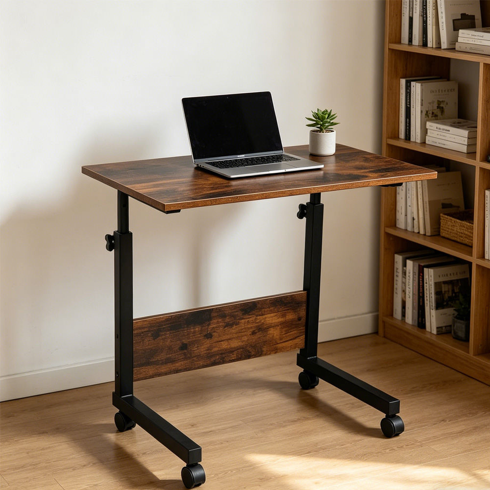 Adjustable Tray Table Rolling Sofa Side Snack Table With Wheels Portable C-Shape Dinner Tray Tables Mobile Wooden Laptop Desk Beside Couch Bed