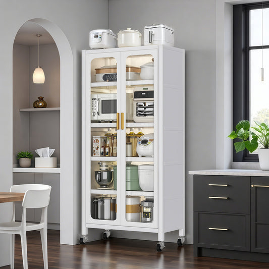 65  Kitchen Pantry Storage Cabinet, 6 Tier Metal Display Storage Cabinet With Transparent Door, Adjustable Shelves & Wheels, Food Pantries Cabinets, For Kitchen, Living Room And Dining Room, White