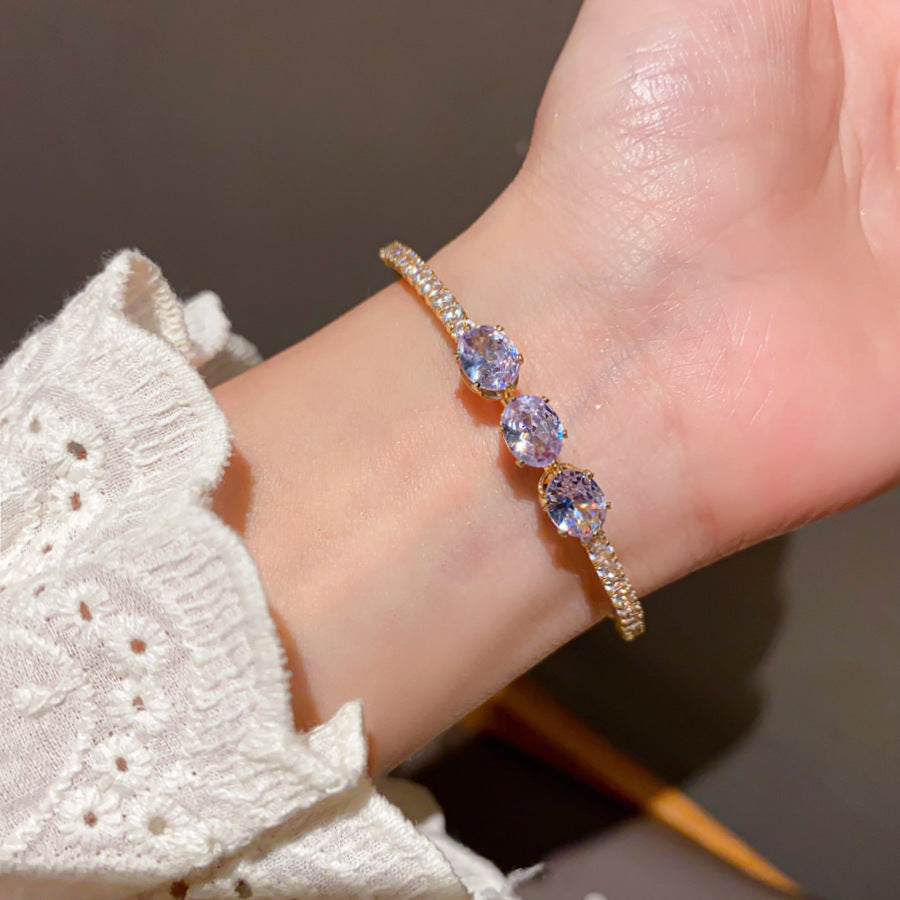 French Elegant Rhinestone Zircon Inlaid Bangle, Retro Court Style Bracelet, Light Luxury High-End Versatile Fashion Women Hand Jewelry