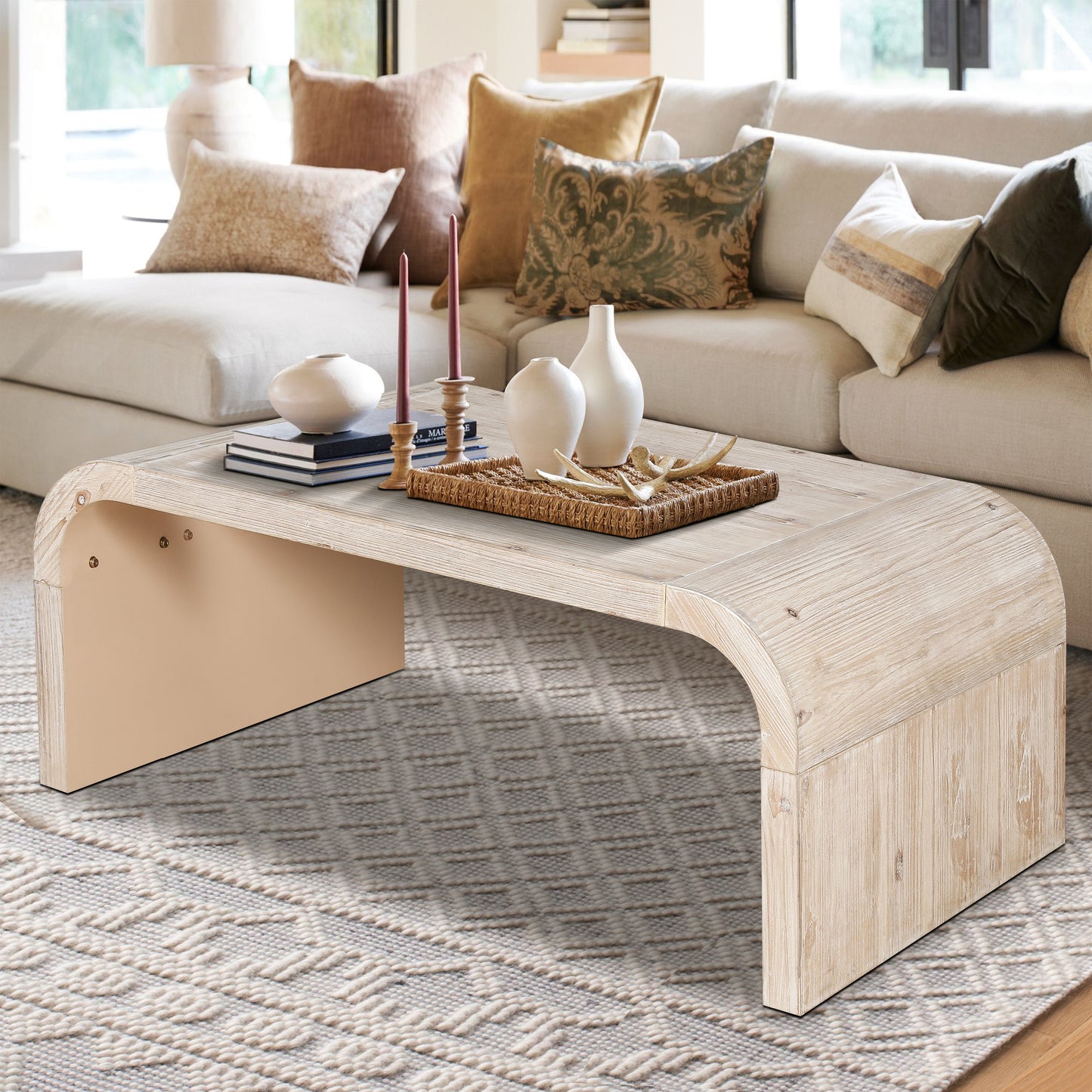 Farmhouse  Vintage Crafts Coffee Table,Curved Art Deco Design, Easy Assembly, 48  W X 24  D X 18   Antique Natural