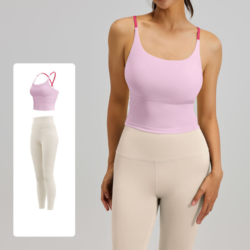 Women's Two-Piece Sports Fitness Outfit With Camisole Top & Long Pants, Color Block Shockproof Yoga Wear For Indoor Training