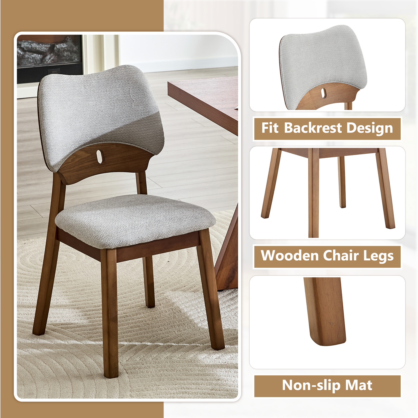 2 Walnut Colored Solid Wood Dining Chairs, With Gray Soft Fabric Packaging On The Backrest And Seat Cushion, Hollowed Out Design Backrest, For Home Dining Chairs.
