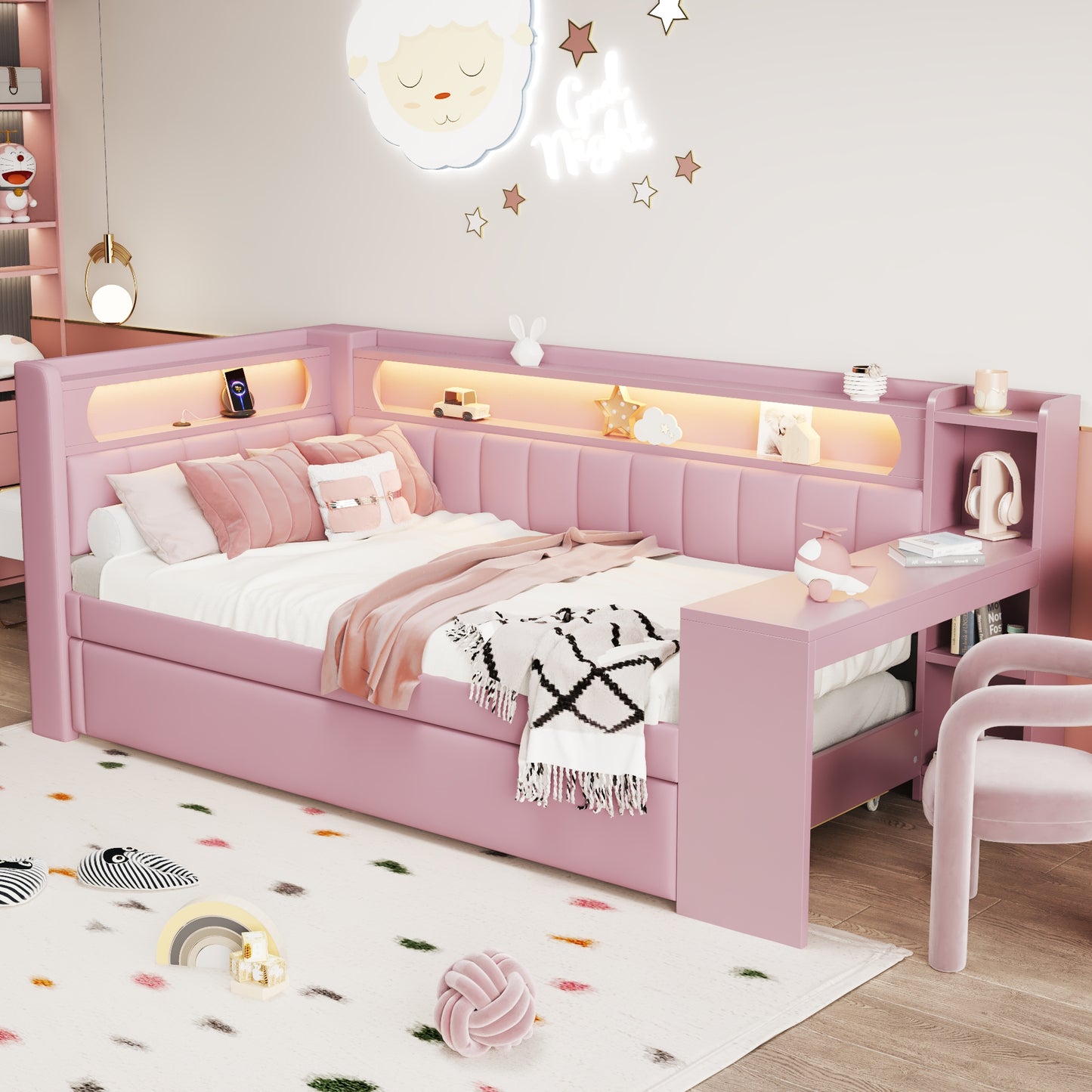 Padded 90x200 Daybed With USB Ports And LED Belt, With Trundle Bed And Desk, Pink