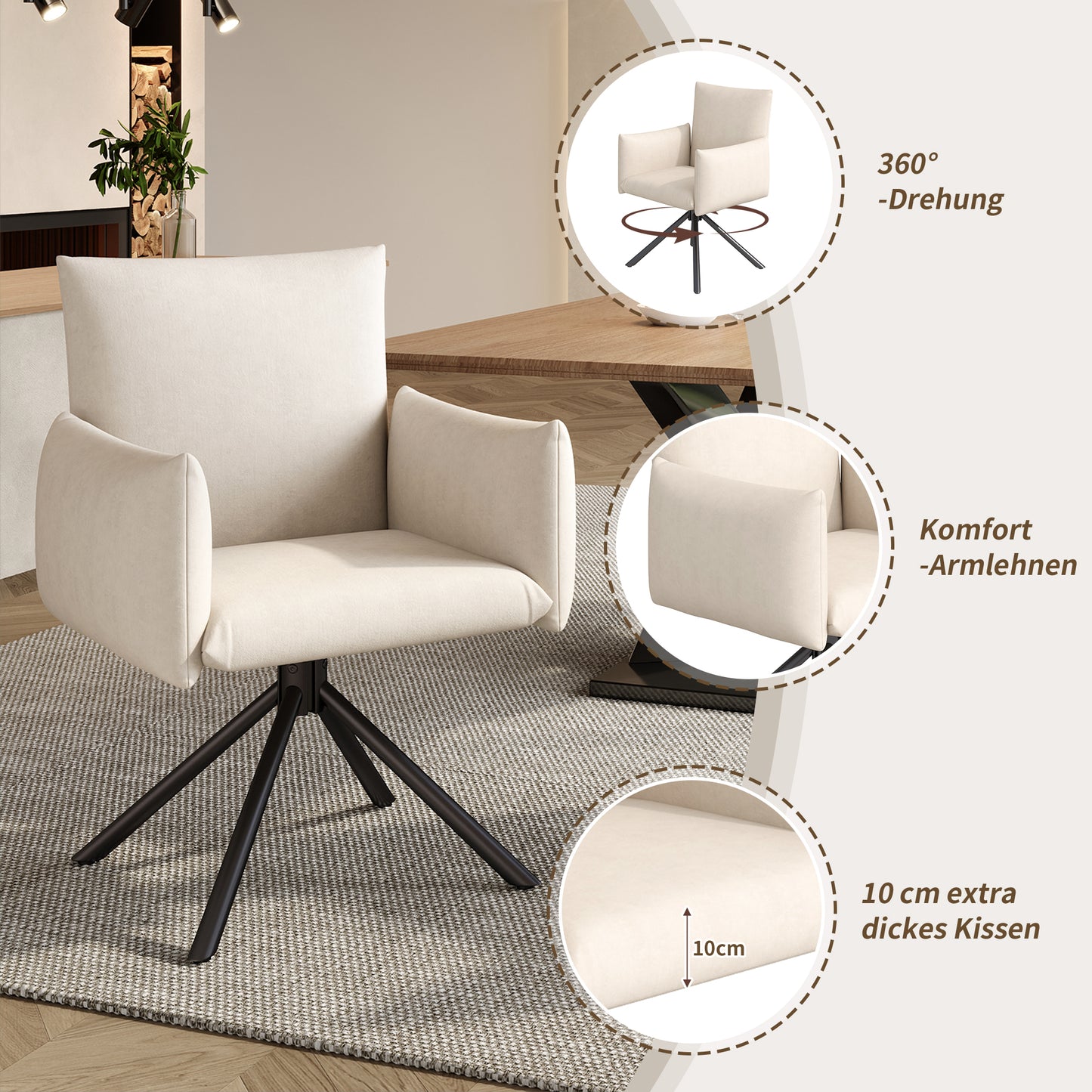 Set Of 6 Dining Chairs, Upholstered Armchair With 4 Metal Legs, 360 Casual Swivel Chair, Living Room Bedroom Chair, Work And Desk Chair, Lumbar Support, Velvet, Beige