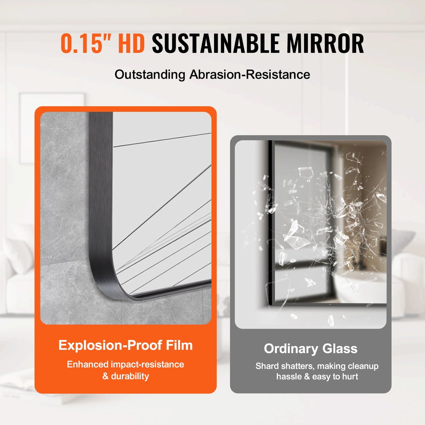 Wall Mounted Makeup Mirror, 0.15" Thick, 30" X 48" Mirror With Aluminium Alloy Frame & Explosion-Proof Film, Scratch-Resistant Mirror With Z-Shaped Bracket, Fit For Bathroom/Bedroom/Living Room